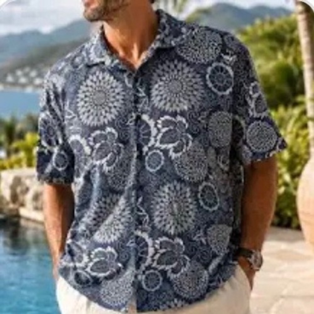 Perry Ellis 100% Linen Blue Medallion Print Roll Tab Long Sleeve Shirt Mens 2X